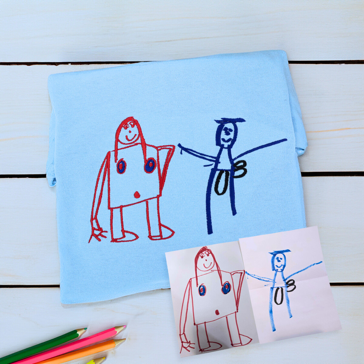 Folded Light Blue Kids Drawing Family Embroidery Sweatshirt, a unique and cozy gift for mom dad