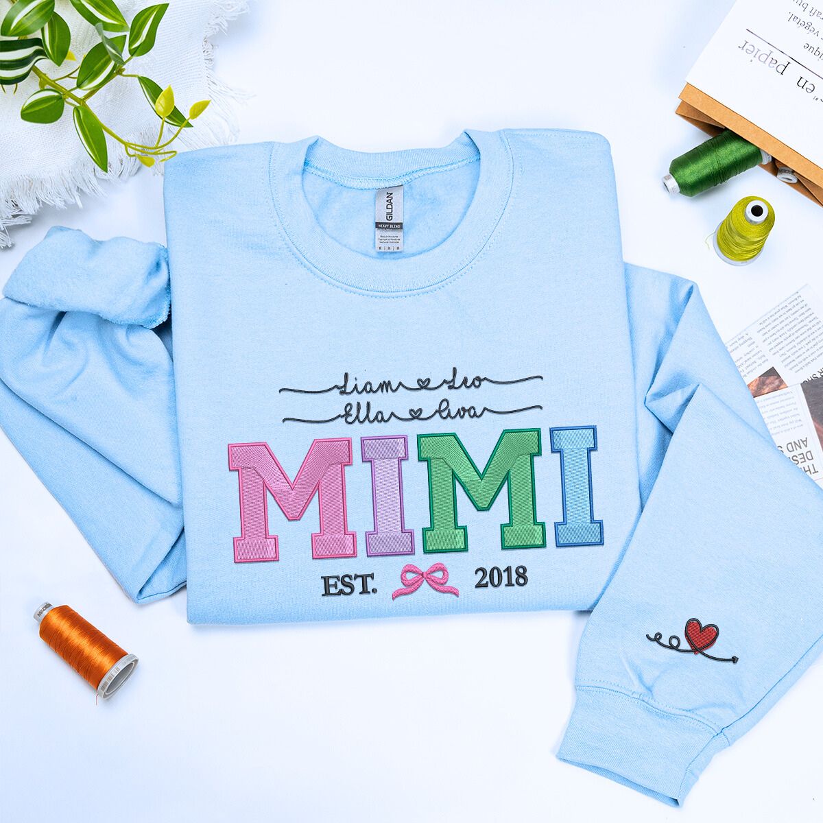 Light Blue Mimi Sweatshirt with 'Est. 2018' embroidery and Kids Names on chest, a meaningful and cozy gift for mimi