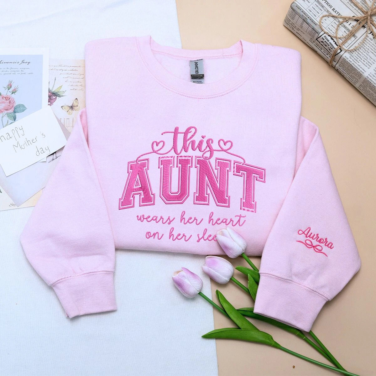 Aunt Light Pink Sweatshirt with Nephew Niece Names on Sleeve, a meaningful and cozy gift for aunt