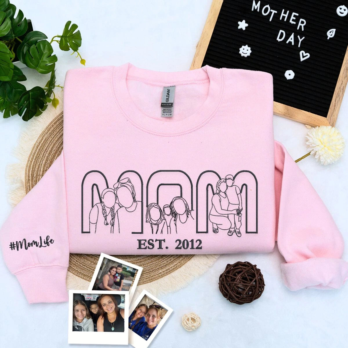 Light Pink Mom Life Sweatshirt Embroidered with Mom Life text on sleeve, a meaningful and cozy gift for mom