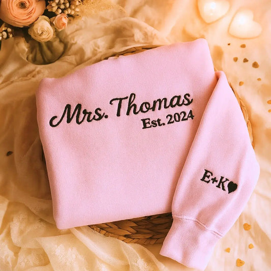 Personalized Bridal Shower Gifts for Her with Embroidered Ms Mrs Sweatshirt, EST Date, Any Text Icon on Sleeve