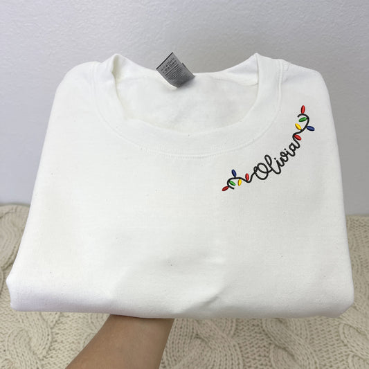 Custom Embroidered Christmas Sweatshirt, Personalized Christmas Light Name on Neckline Crewneck or Hoodie