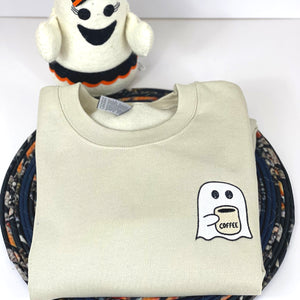 Little Ghost Coffee Crewneck, Embroidered Halloween Sweatshirt, Hoodie