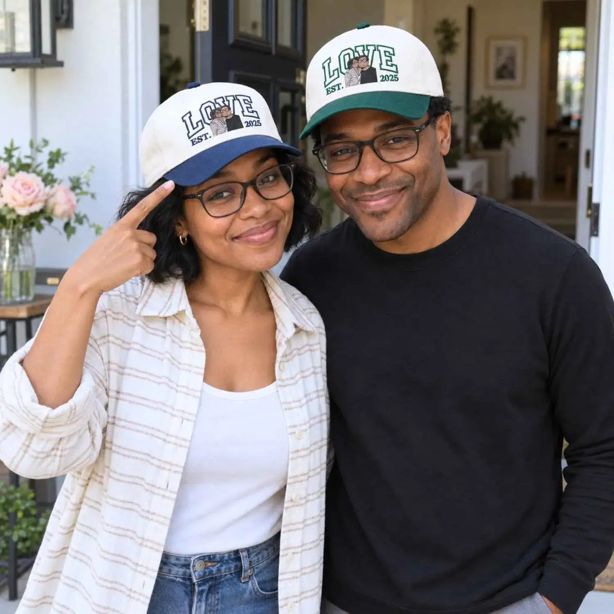Custom Couple Love Life Photo Snapback Hat, Embroidered Him Her Portrait Cap, Gift for Wife Husband