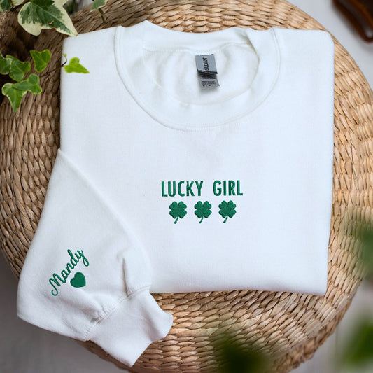 Lucky Girl Sweatshirt or Hoodie with Clover on Chest, Custom Embroidered Gift for St Patrick's Day