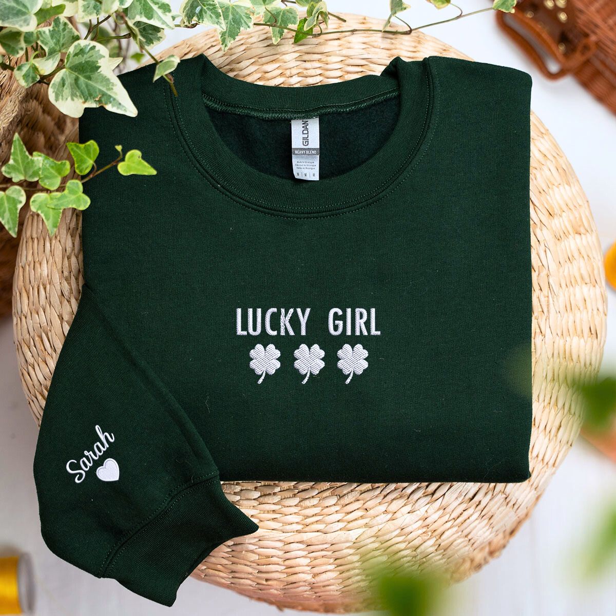 Lucky Girl Sweatshirt or Hoodie with Clover on Chest, Custom Embroidered Gift for St Patrick's Day