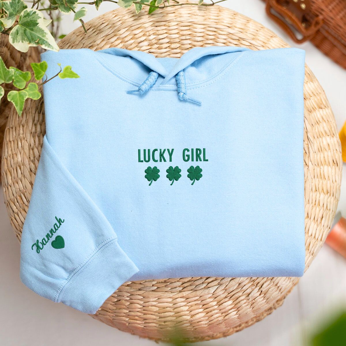 Lucky Girl Sweatshirt or Hoodie with Clover on Chest, Custom Embroidered Gift for St Patrick's Day