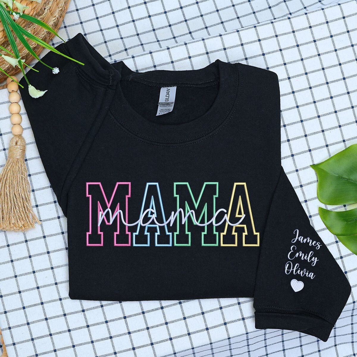 Black Mama Colorful Text on Chest with Kids Names on Sleeve, a meaningful and cozy for Mama