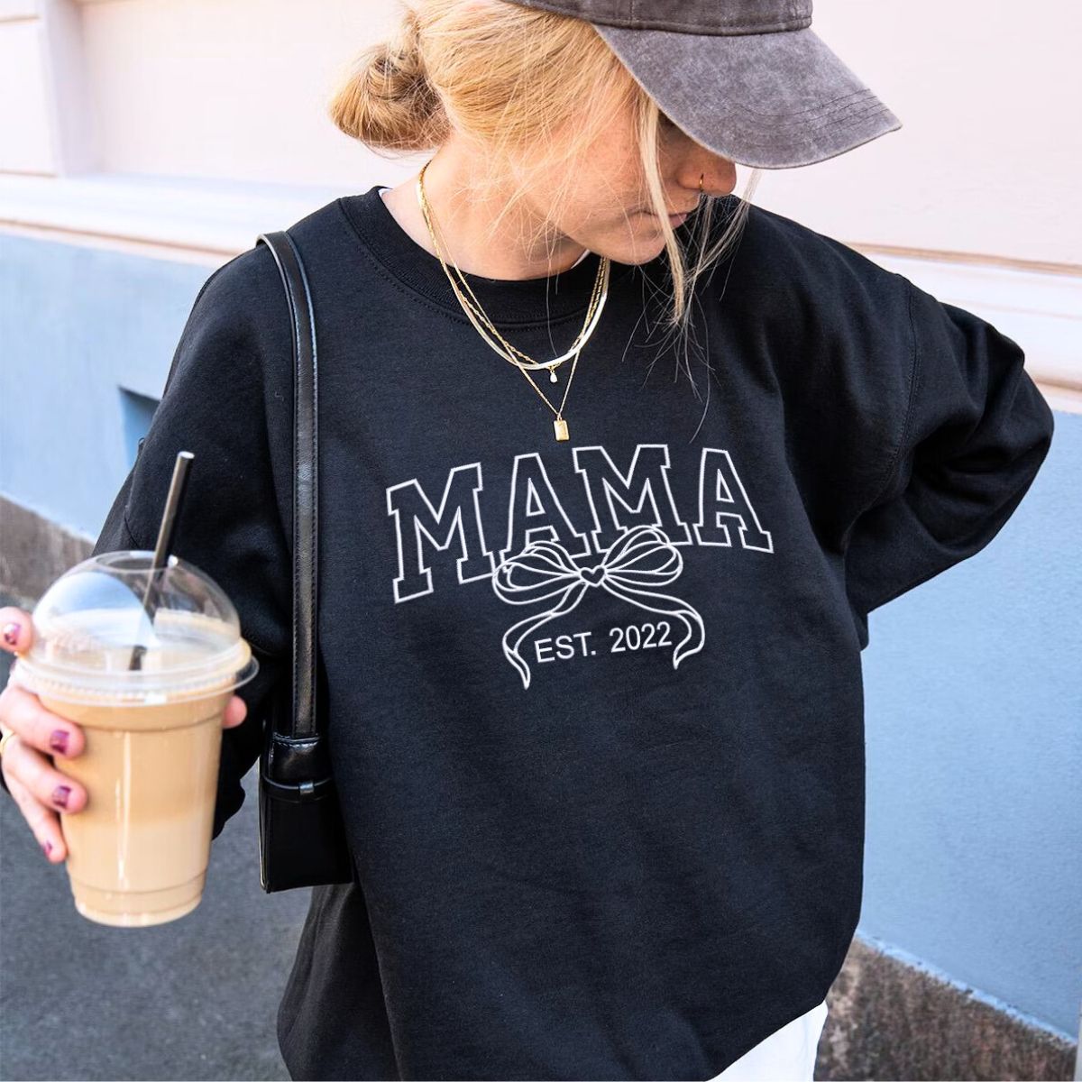 Black Mama Bow Sweatshirt with 'EST. 2022' embroidery, a meaningful and cozy gift for mama.