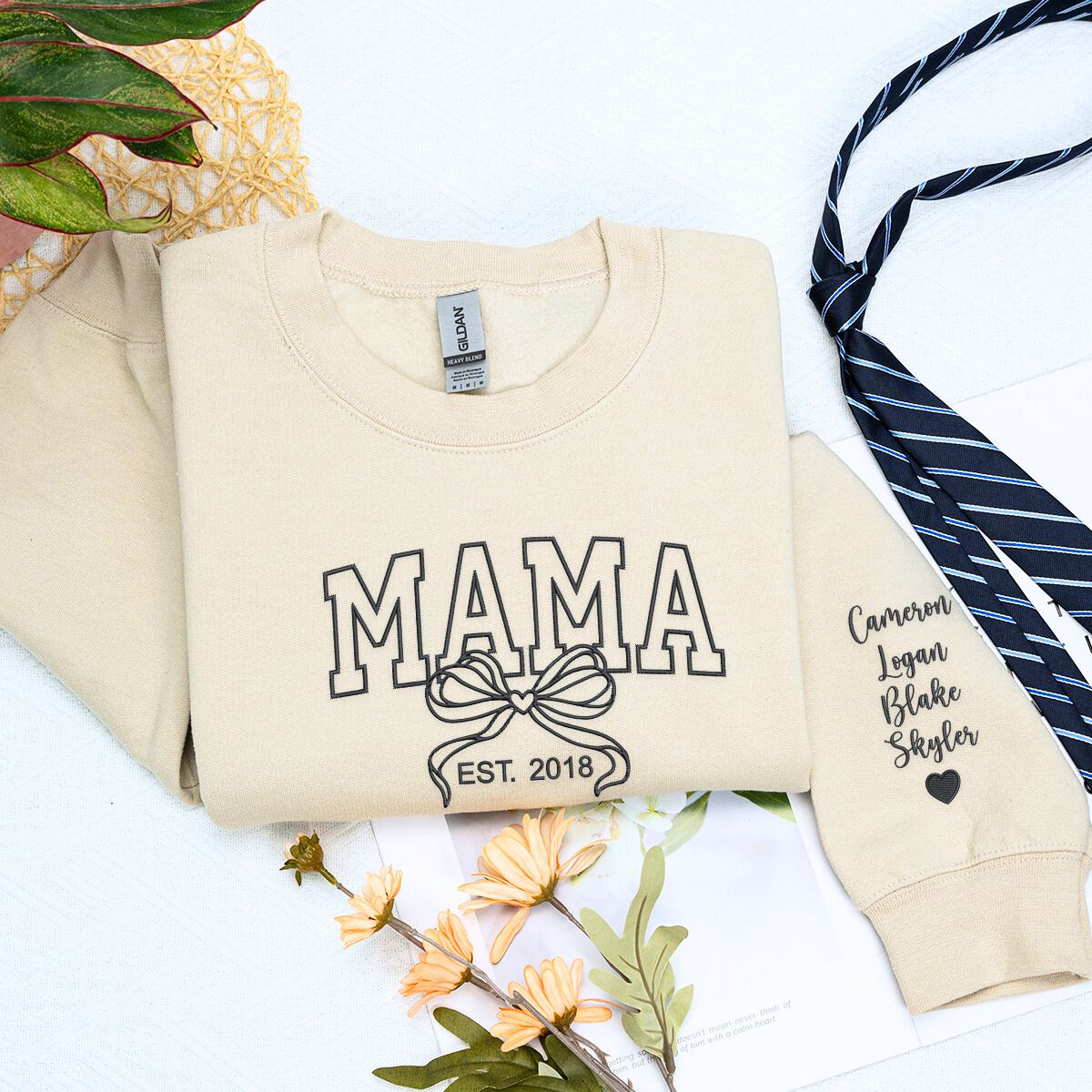 Sand Mama Bow Sweatshirt with 'EST. 2018' embroidery, a meaningful and cozy gift for mama.