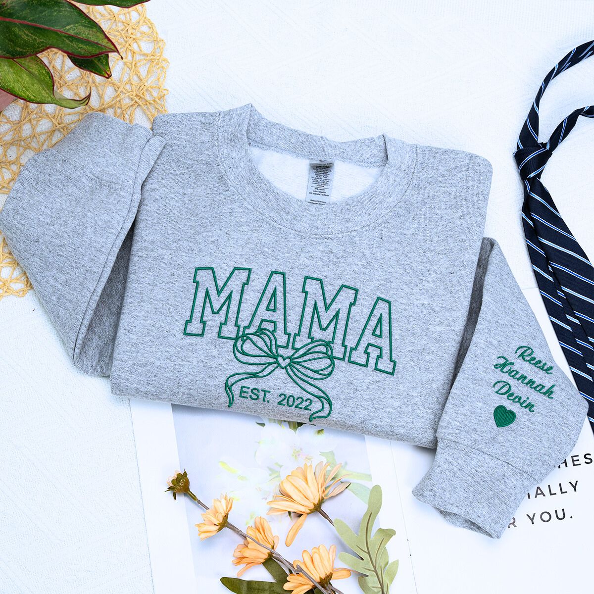 Sport Gray Mama Bow Sweatshirt with 'EST. 2022' embroidery, a meaningful and cozy gift for mama.