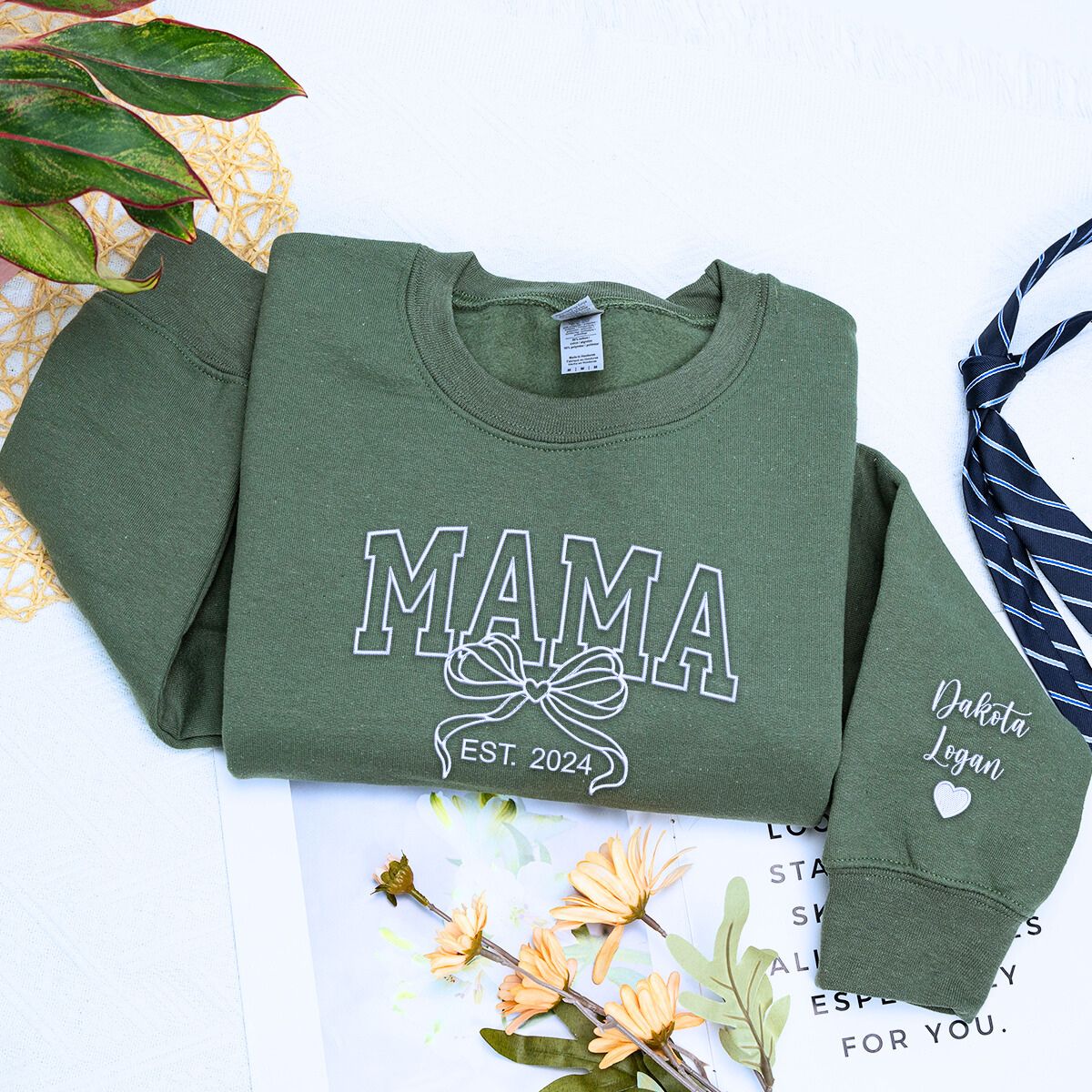 Heather Dark Green Mama Bow Sweatshirt with 'EST. 2024' embroidery, a meaningful and cozy gift for mama.