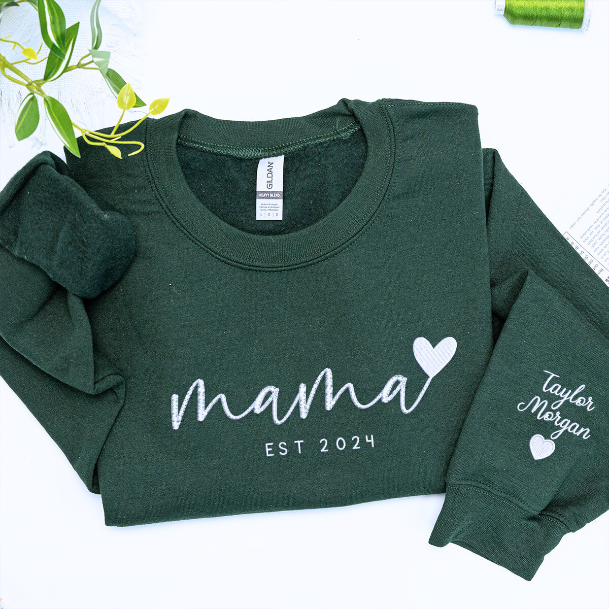 Forest Green Mama Heart Sweatshirt with 'EST. 2024' embroidery, a meaningful and cozy gift for mama