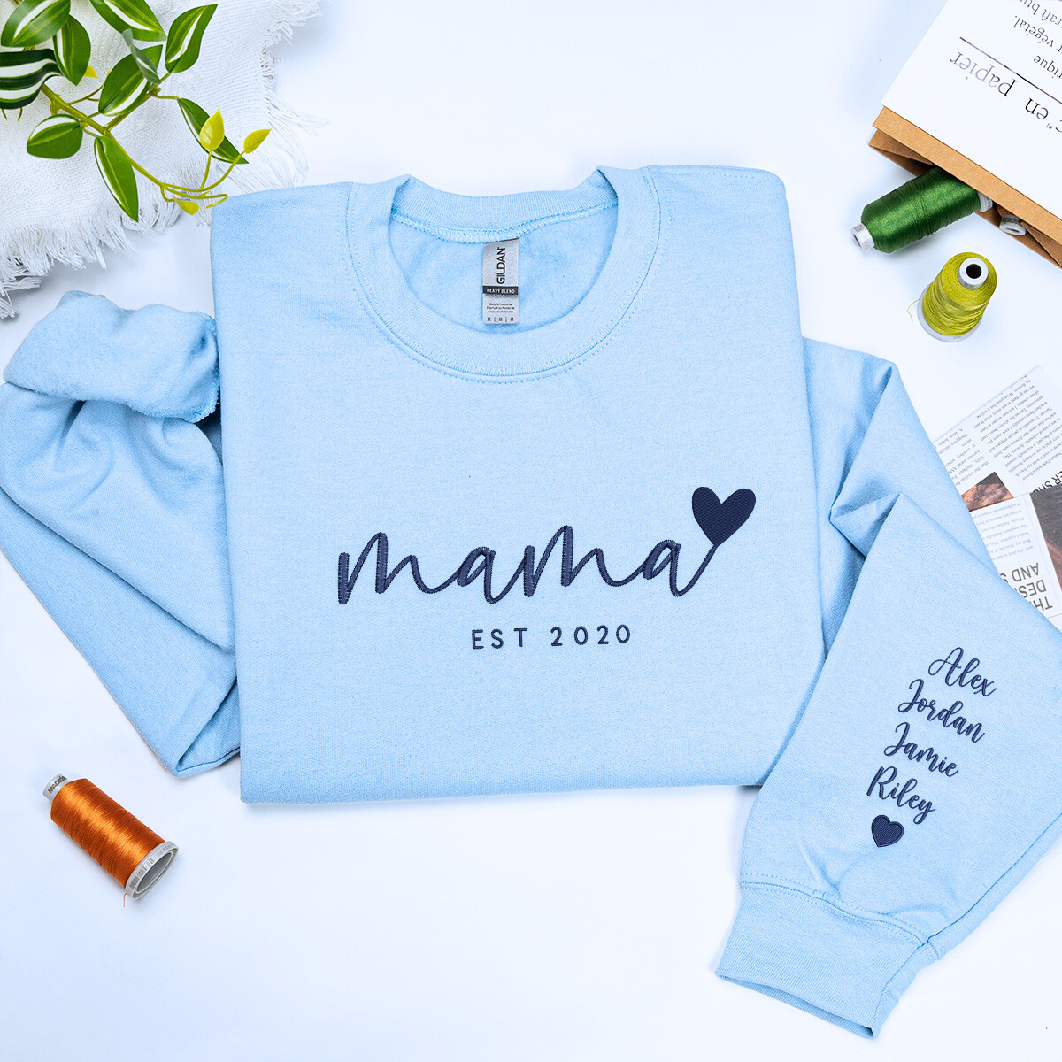 Light Blue Mama Heart Sweatshirt with 'EST. 2020' embroidery, a meaningful and cozy gift for mama