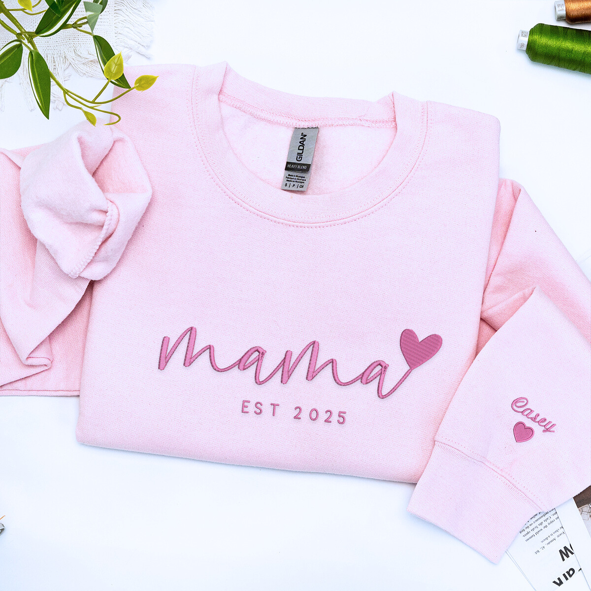 Light Blue Mama Heart Sweatshirt with 'EST. 2025' embroidery, a meaningful and cozy gift for mama
