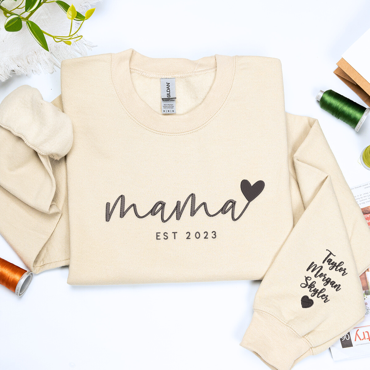 Sand Mama Heart Sweatshirt with 'EST. 2023' embroidery, a meaningful and cozy gift for mama