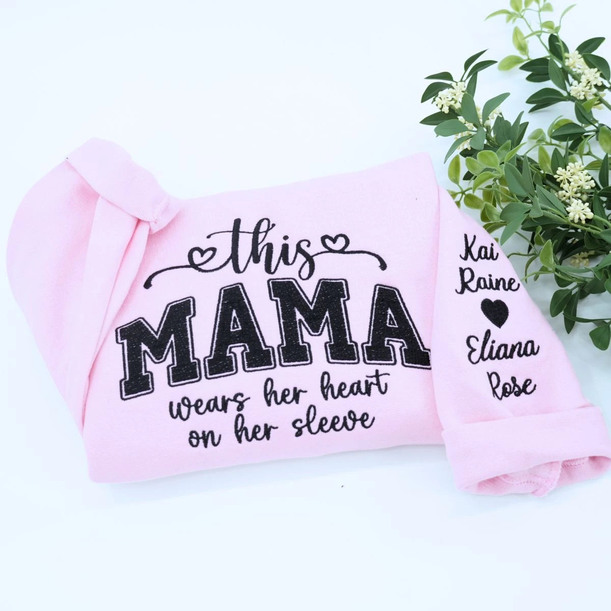 Light Pink Mama Sweatshirt with kids names on sleeve, a meaningful and cozy gift for mama
