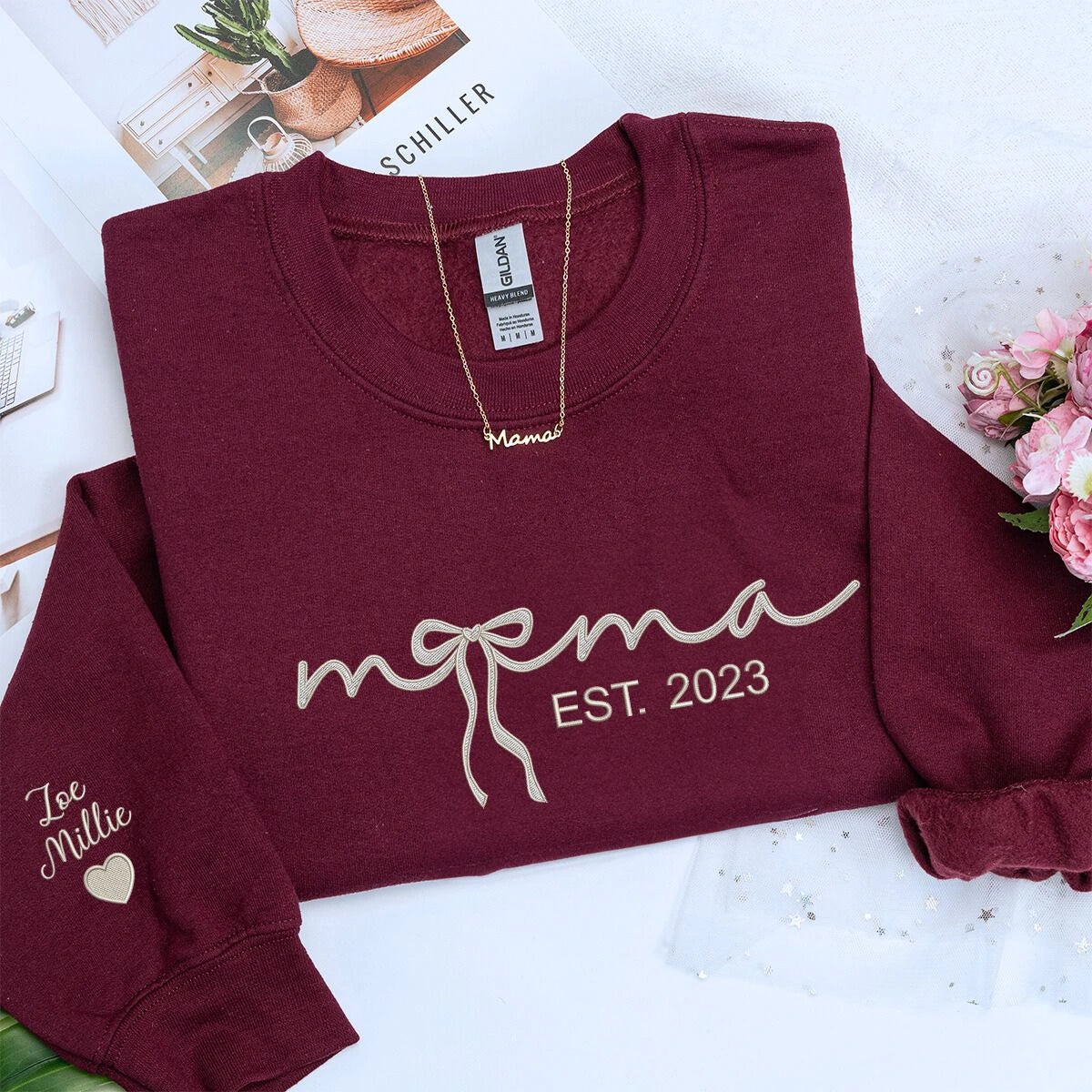 Mama Maroon Sweatshirt with 'EST. 2023' and coquette bow embroidery with kids names on sleeve, a meaningful and cozy gift for mama