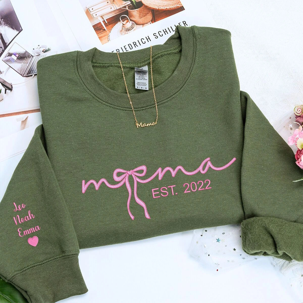 Mama Military Green Sweatshirt with 'EST. 2022' and coquette bow embroidery with kids names on sleeve, a meaningful and cozy gift for mama