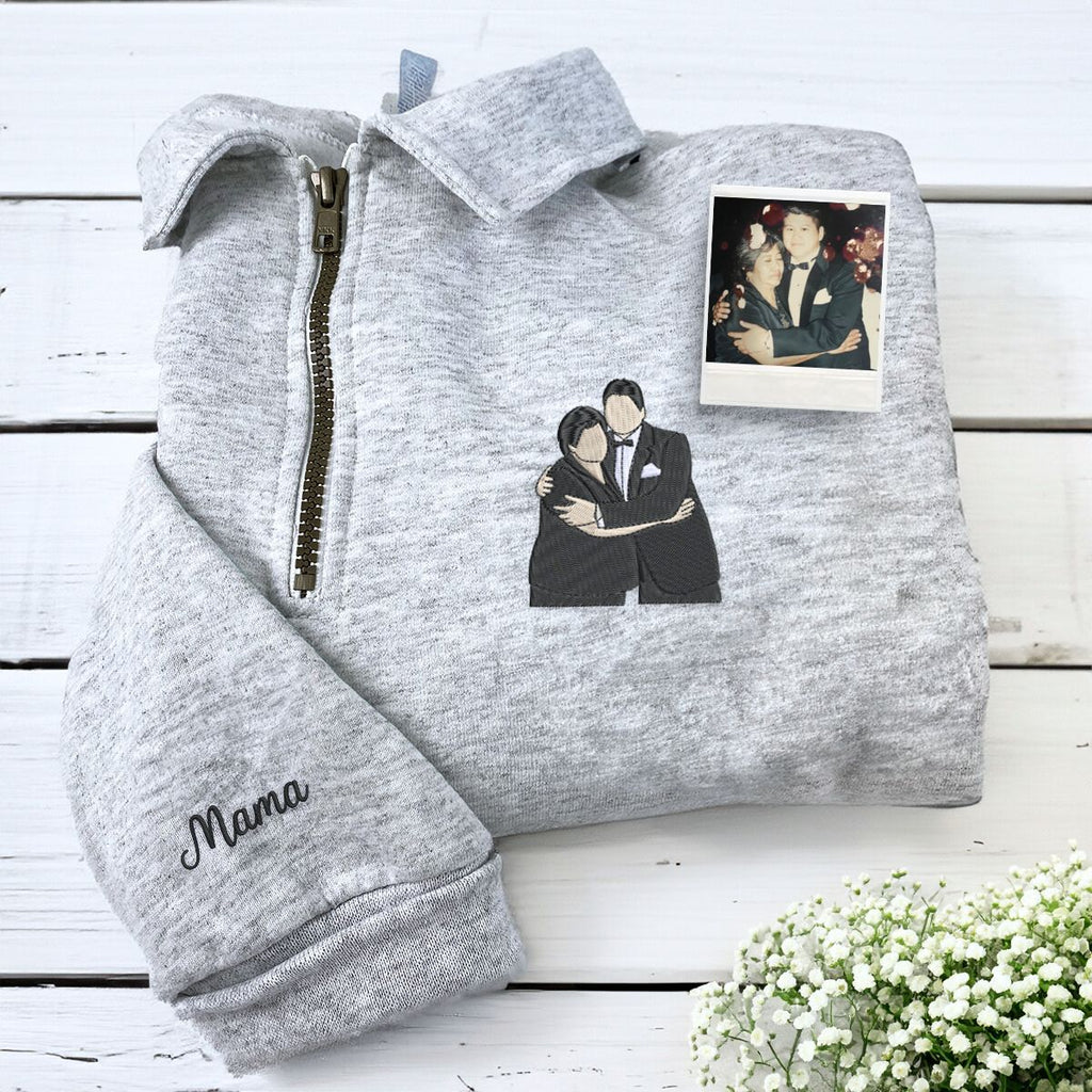 Mama with Photo Quarter Zip Sweatshirt, Custom Embroidered Mother's Da