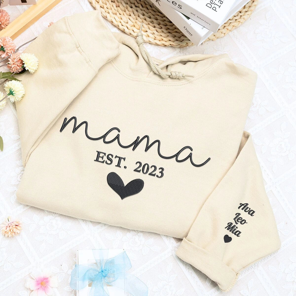 Mama Sand Sweatshirt with 'EST. 2023' embroidery with niece and kids names on sleeve, a meaningful and cozy gift for mama