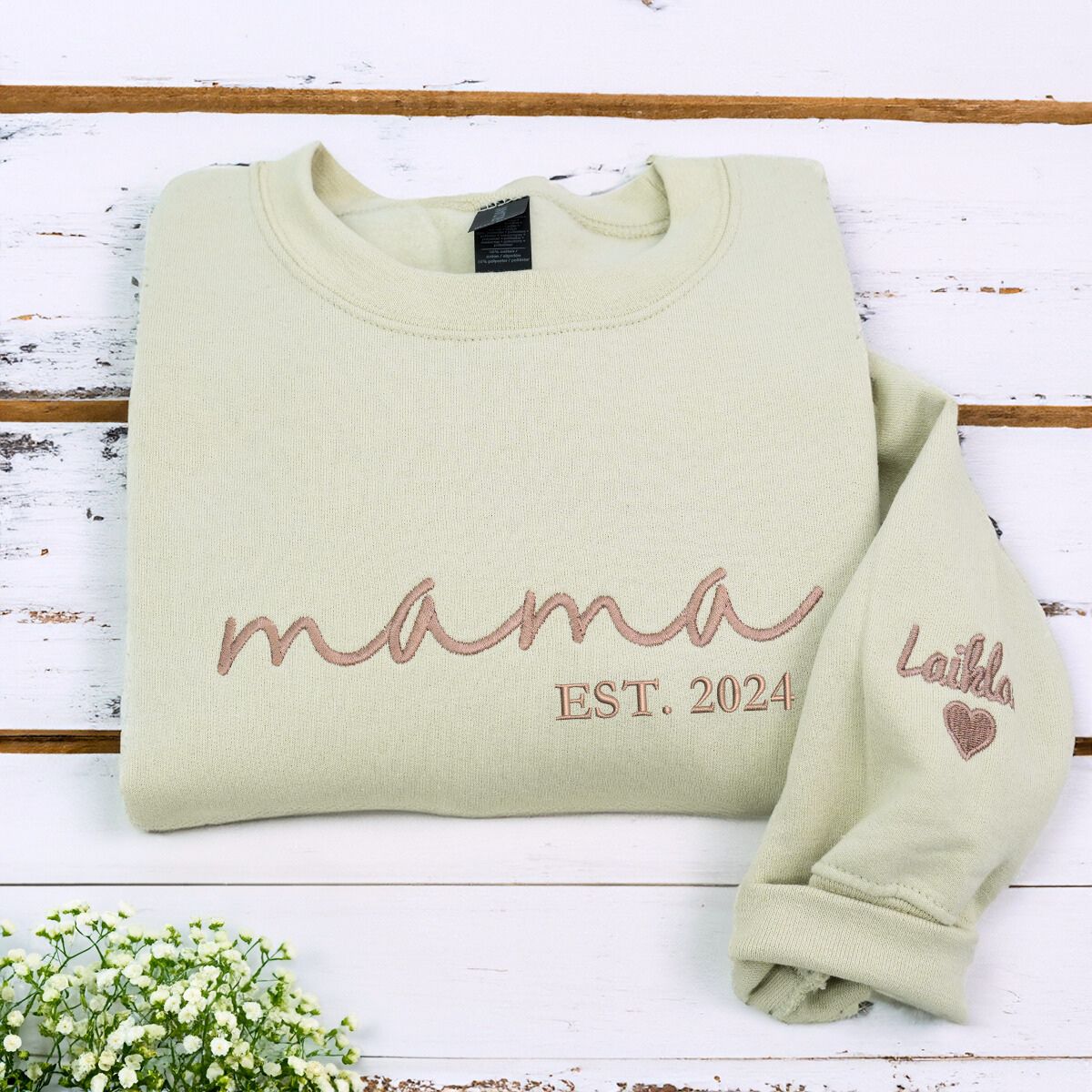 Folded Sand Mama Sweatshirt with 'EST. 2024' embroidery and Kid's name on Sleeve, a meaningful gift for mama