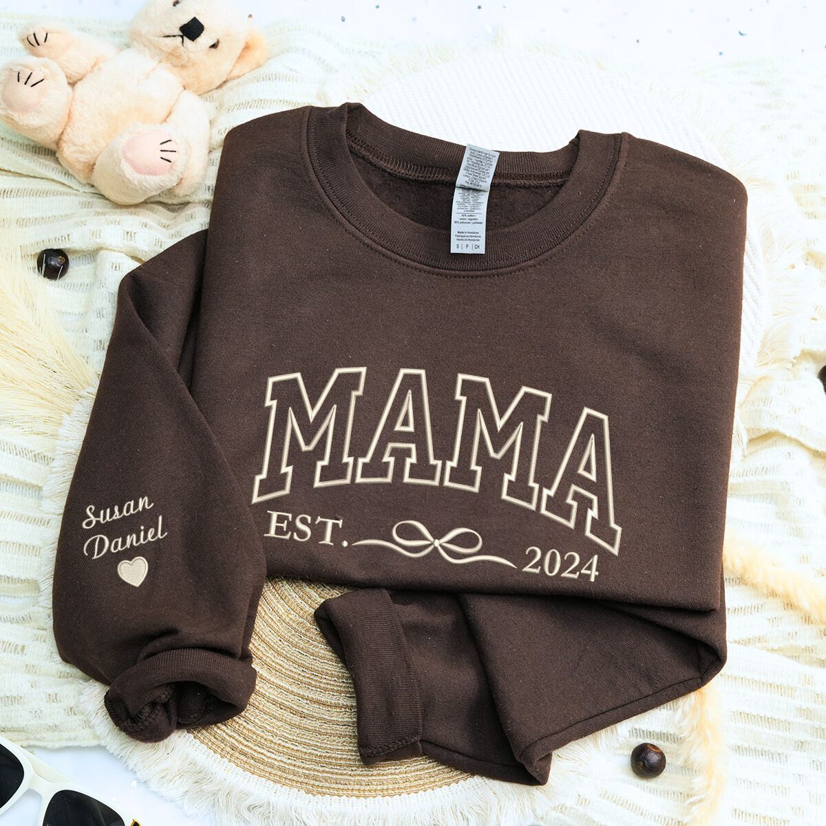 Dark Chocolate Mama Sweatshirt with 'EST. 2024' embroidery, a meaningful and cozy gift for mama