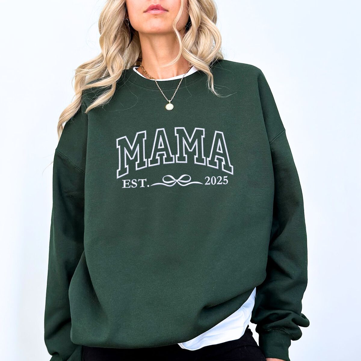 Forest Green Mama Sweatshirt with 'EST. 2025' embroidery, a meaningful and cozy gift for mama