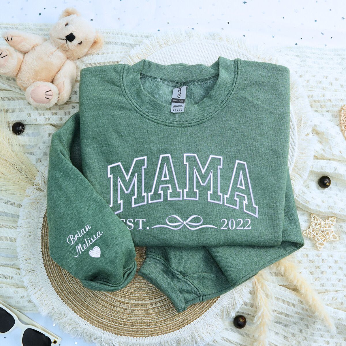 Heather Dark Green Mama Sweatshirt with 'EST. 2022' embroidery, a meaningful and cozy gift for mama