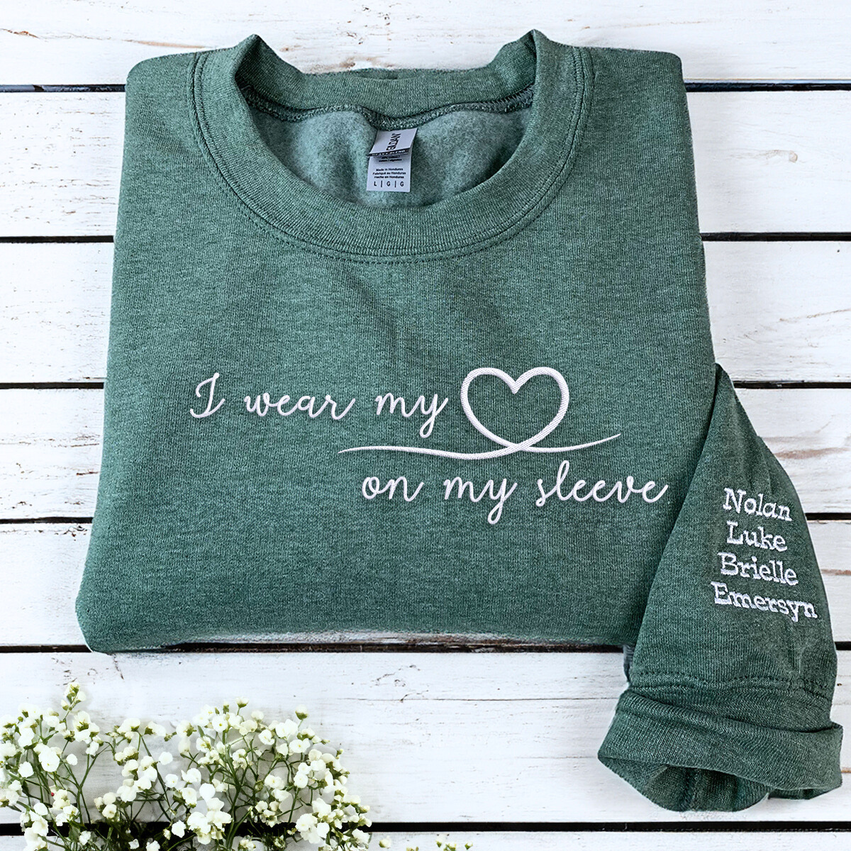 I Wear My Heart On My Sleeve with Kids' Names on Sleeve Sweatshirt or Hoodie, Custom Embroidered Gift for Mom Mother's Day