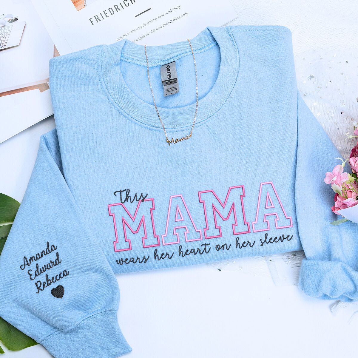 Light Blue Mama Sweatshirt embroidery, a meaningful and cozy gift for mama