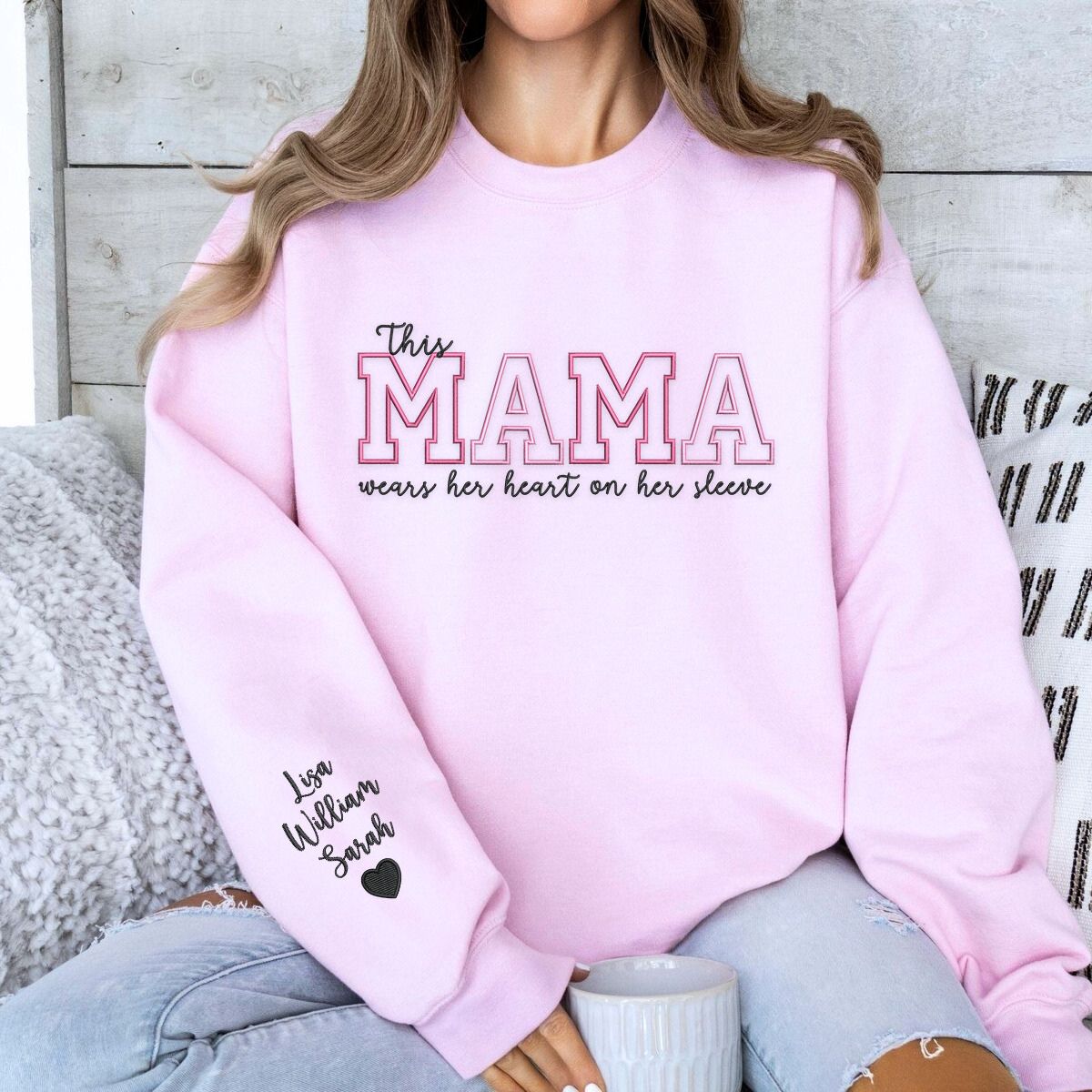 Light Pink Mama Sweatshirt embroidery, a meaningful and cozy gift for mama