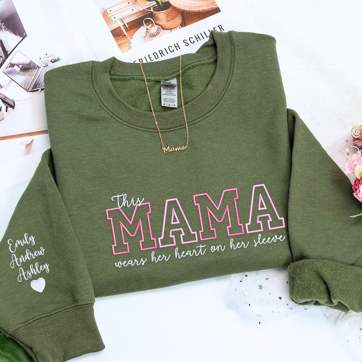 Military Green Mama Sweatshirt embroidery, a meaningful and cozy gift for mama