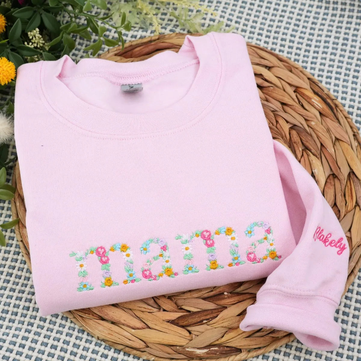 Mama Floral Hoodie or Sweatshirt with Custom Embroidered Kids Name On Sleeve
