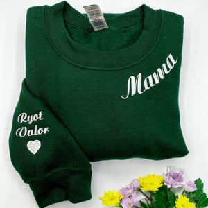 Mama Sweatshirt Embroidered, Custom Mama Crewneck With Kids Names, Heart On Sleeve