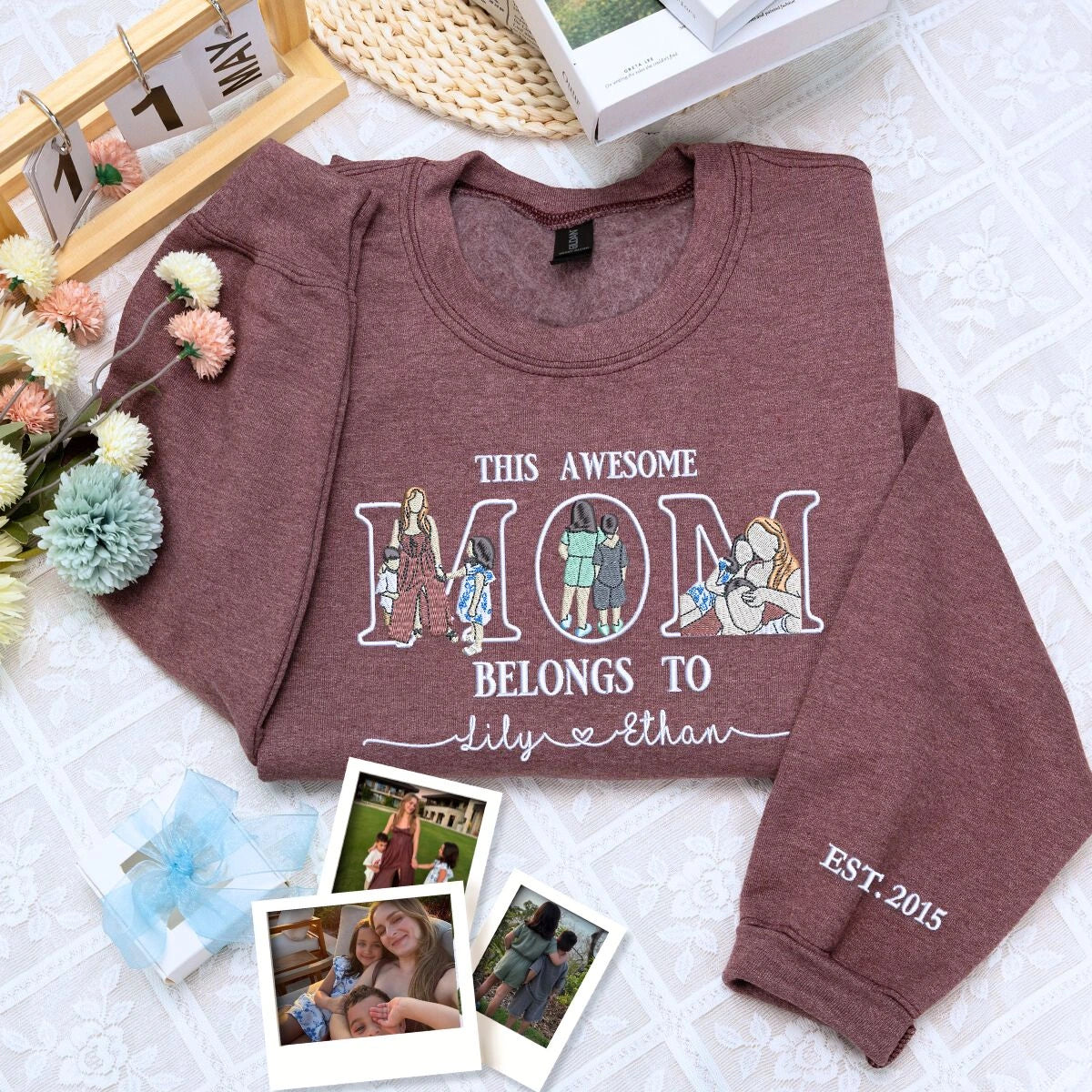 Personalized This Awesome Mom Belongs To Portrait Shirt, Sweatshirt or Hoodie, Embroidered Gifts for Mom Mother's Day