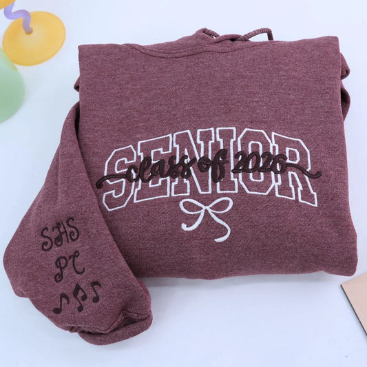 Personalized Coquette Bow Senior Shirt, Sweatshirt or Hoodie, Class of 2026 Embroidered Senior Cheer Gift, Senior Sunrise, Senior Team