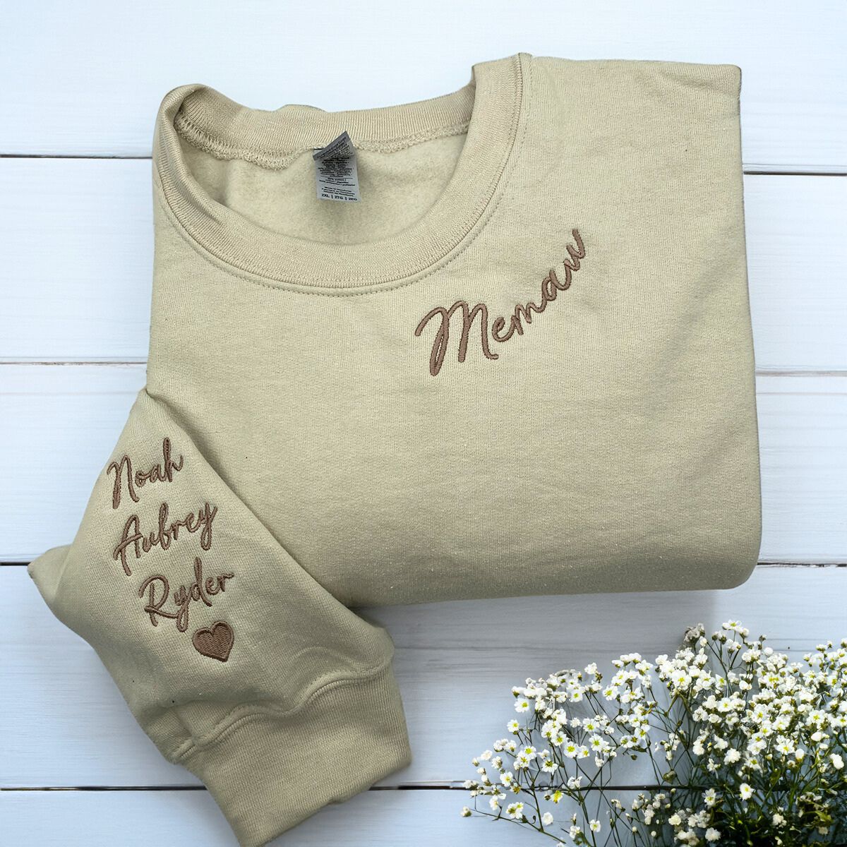 Memaw Sand Sweatshirt with Grandkids' Names and Heart icon, a meaningful and cozy gift for Memaw