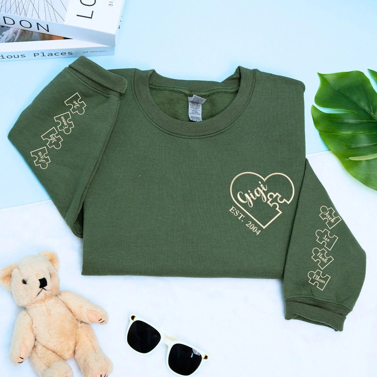 Gigi Military Green Sweatshirt with 'Est. 2004' embroidery and kid names on sleeve, a meaningful and cozy gift for Gigi