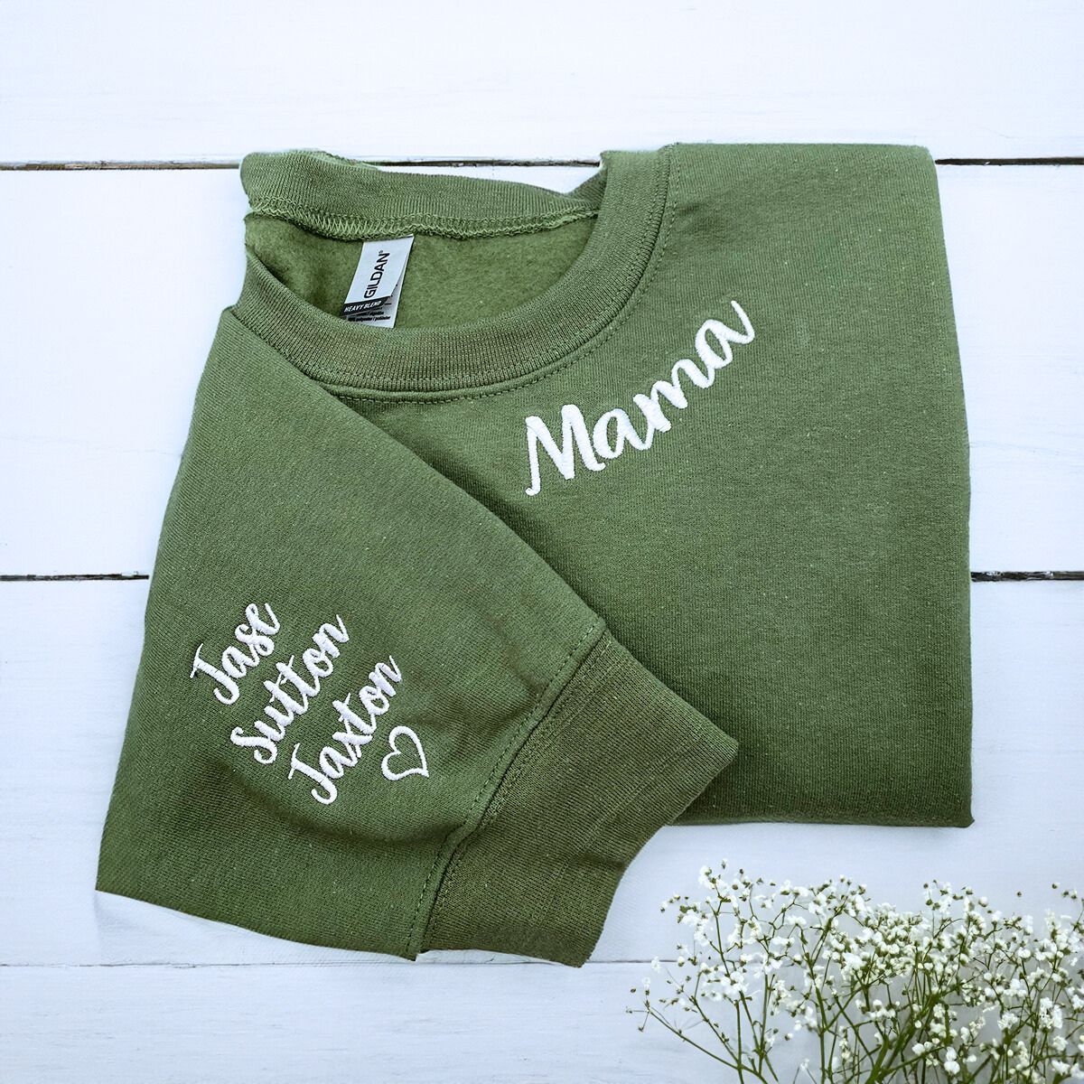 Military Green Mama Sweatshirt with Kids' Names on Sleeve and Heart icon, a meaningful and cozy gift for Mama