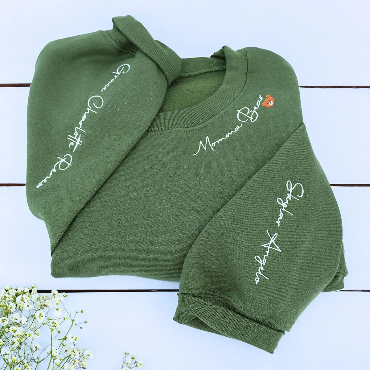 Military Green Momma Bear Sweatshirt with bear icon and kids names on sleeve, a meaningful and cozy gift for momma