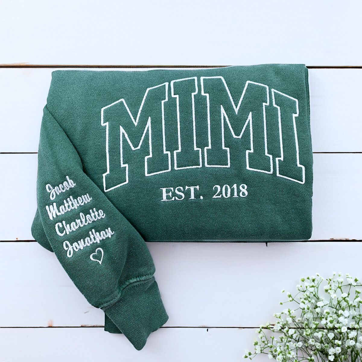 Blue Spruce Mimi Sweatshirt with 'Est. 2018' Embroidery, a meaningful and cozy gift for Mimi