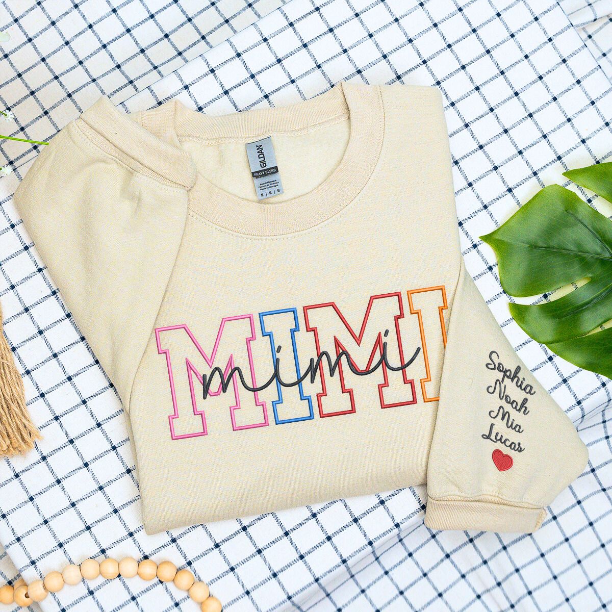 Sand Mimi Colorful Text on Chest with Kids Names on Sleeve, a meaningful and cozy for Mimi