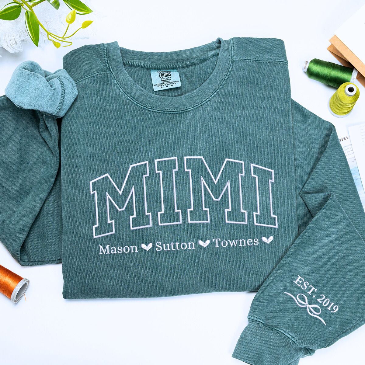 Blue spruce Mimi sweatshirt with 'EST. 2019' embroidery, a meaningful and cozt gift for mimi
