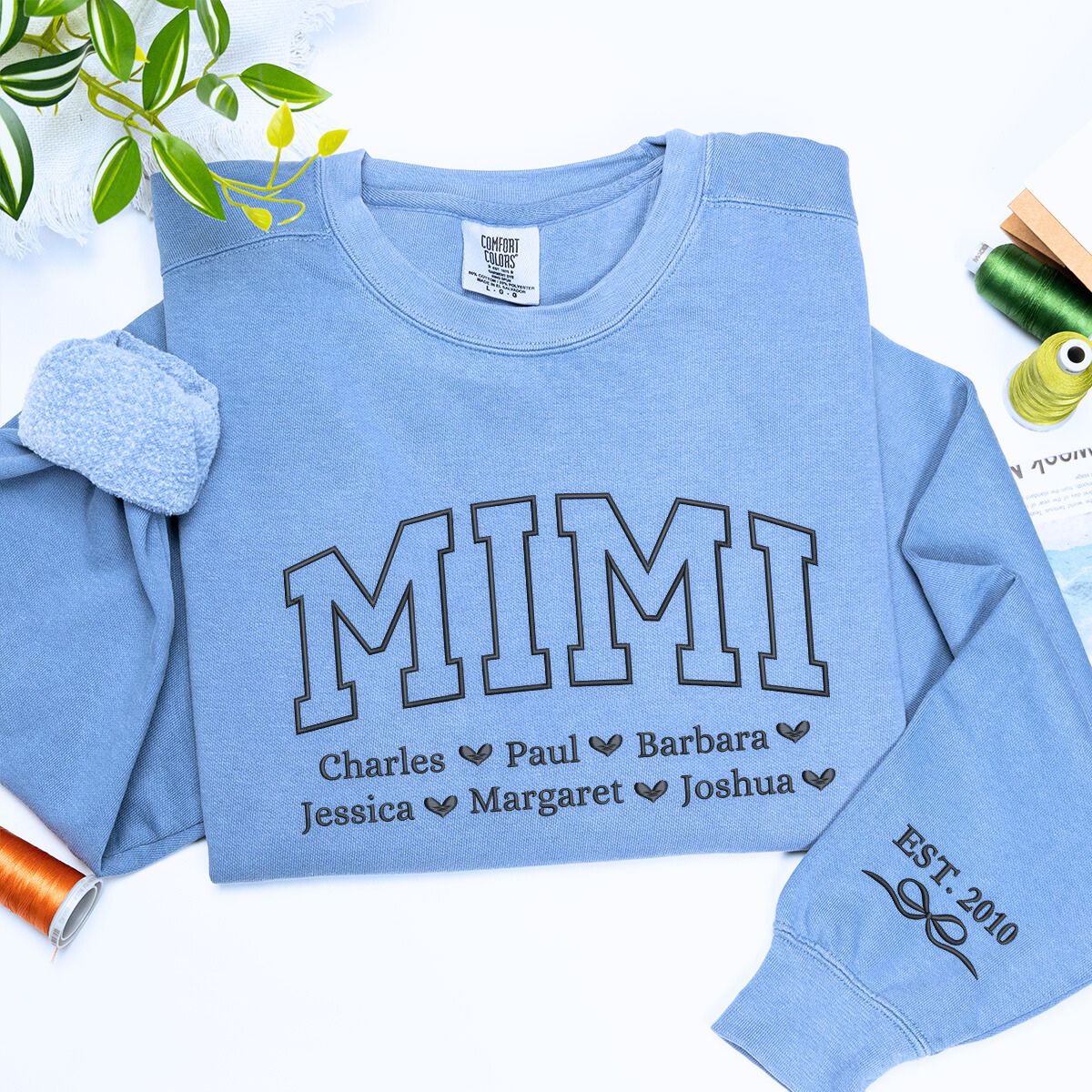 Denim Mimi sweatshirt with 'EST. 2010' embroidery, a meaningful and cozt gift for mimi