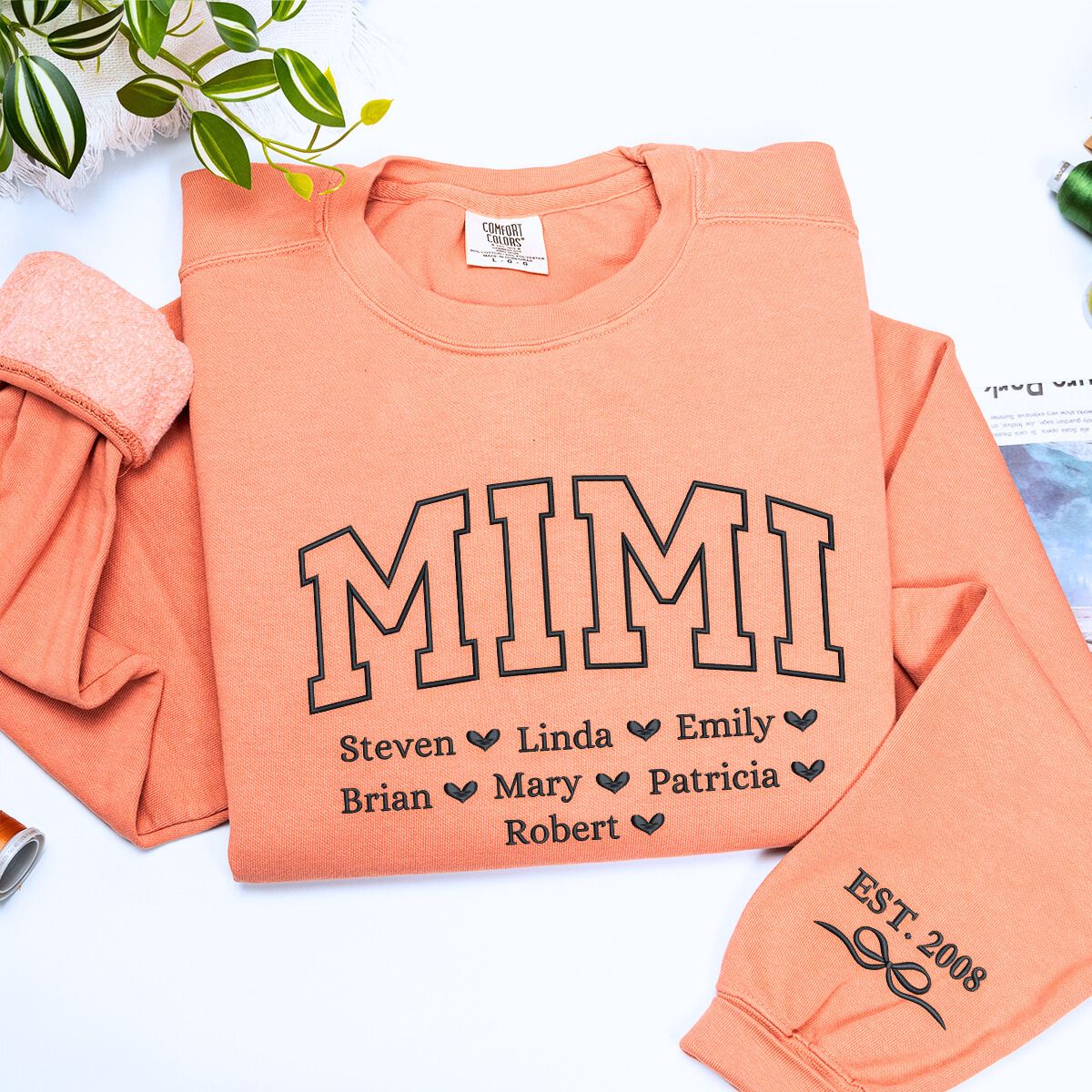 Terracotta Mimi sweatshirt with 'EST. 2008' embroidery, a meaningful and cozt gift for mimi