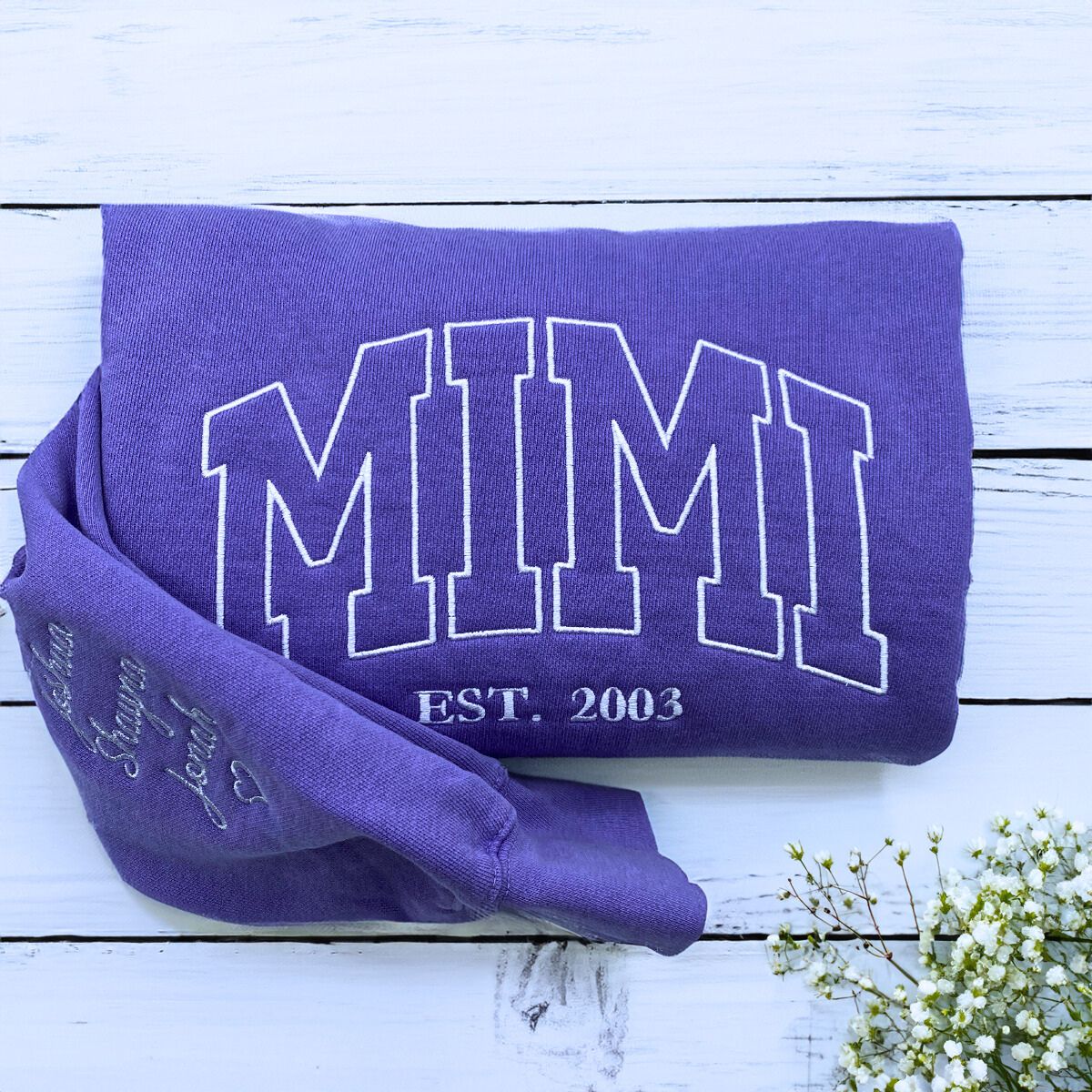 Violet Mimi Sweatshirt with 'Est. 2002' Embroidery, a meaningful and cozy gift for Mimi