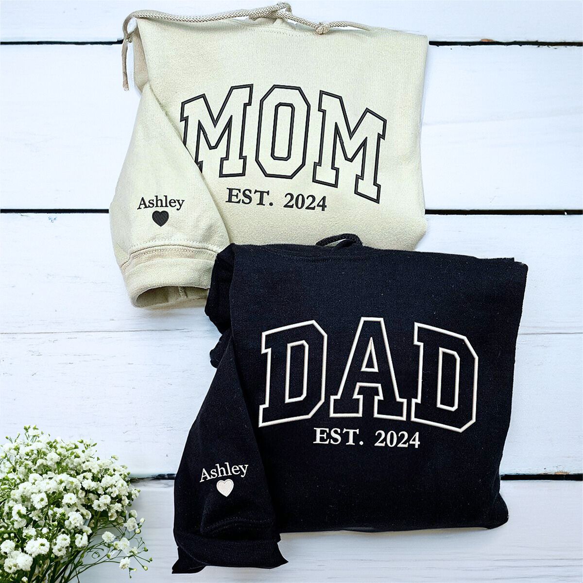 Mom and Dad Black Sand Sweatshirt Hoodie with 'Est 2024' Embroidery and Kids' Names on Sleeve, a meaningful gift and cozy gift for mom and dad