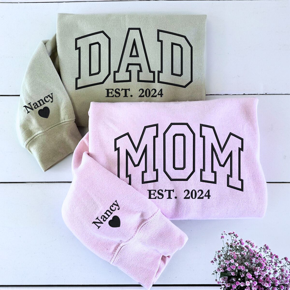 Mom and Dad Sand Light Pink Sweatshirt with 'Est 2024' Embroidery and Kids' Names on Sleeve, a meaningful gift and cozy gift for mom and dad