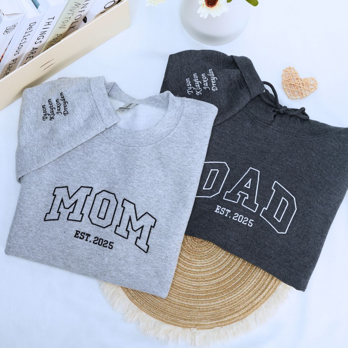 Mom and Dad Sport Gray Dark Heather Sweatshirt Hoodie with 'Est 2025' Embroidery and Kids' Names on Sleeve, a meaningful gift and cozy gift for mom and dad
